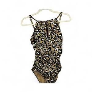 Ellen Tracy High Neck Keyhole Leopard Print One Piece Swimsuit Size 8